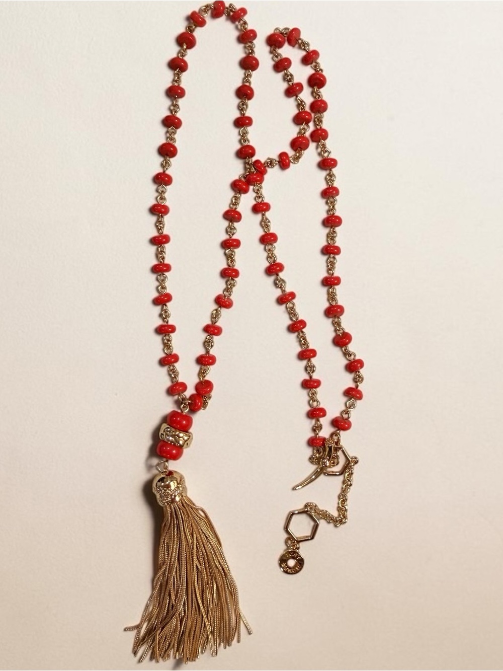 Tory Burch Gold Tone/Long Orange Necklace With Tassel + Dust Bag